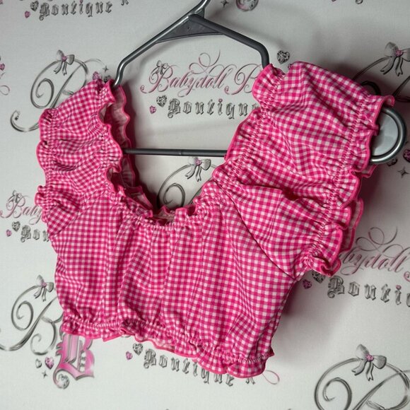 Tank crop milkmaid style bathing suit material pink Gingham Babydoll Top - Picture 2 of 6